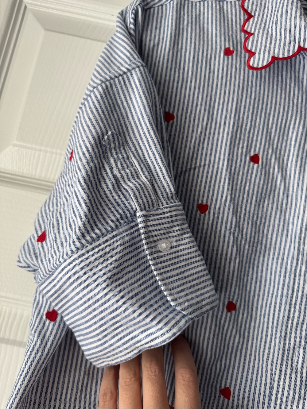 Maeve Anthropologie Mabel Boxy Oxford Shirt Medium Embroidered Hearts - Picture 8 of 8